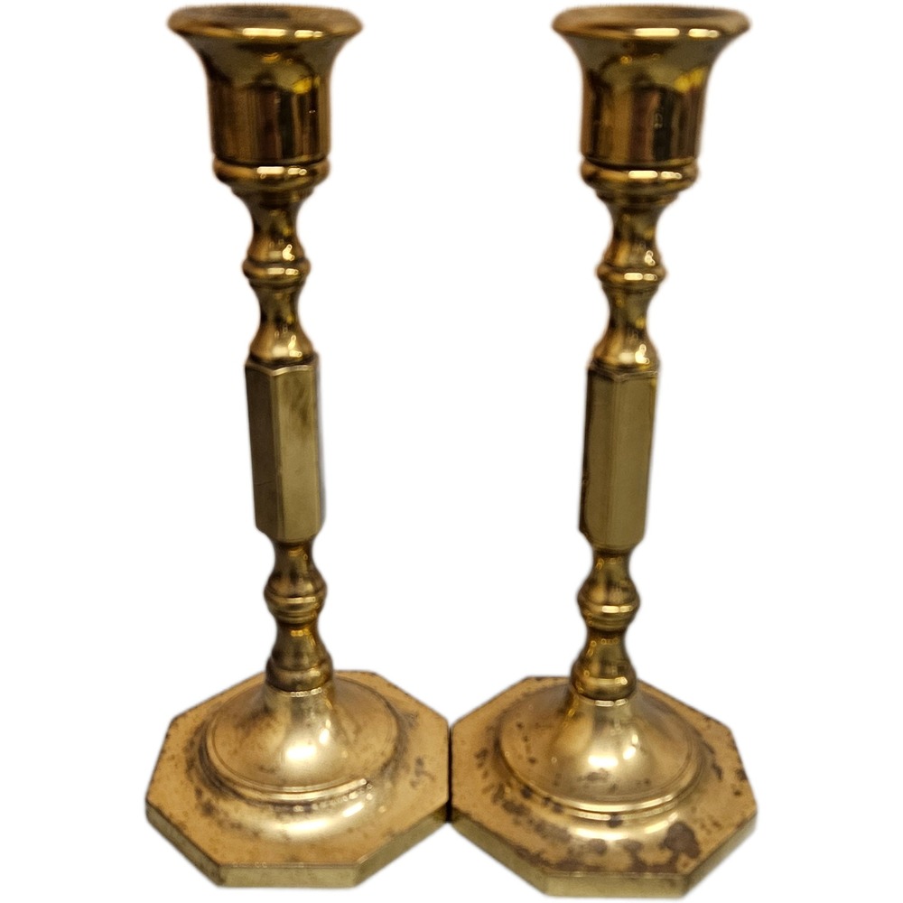 Vintage Set of 2 Baldwin Heavy Solid Brass Candlesticks Octagonal Base 7.5" Tall